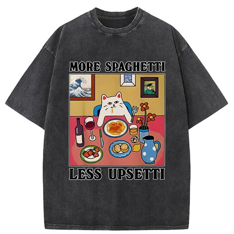 

SOVOB More Spaghetti Less Upsetti Washed Washed Top Tees Men Clothing Printing Pullover short sleeve Round Neck T-Shirt 25201