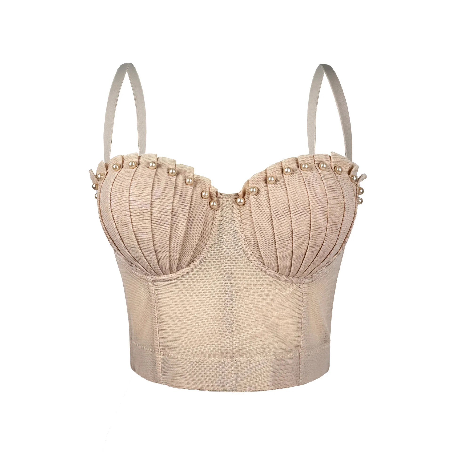 Simple Mesh Pleated Fishbone Bra Pearl Decorative Suspender Vest Semi-transparent Fashion Sexy Tube Top Slim Thin