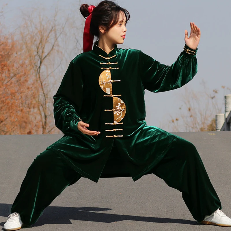 Jesienna i zimowa aksamitna odzież Tai Chi Retro tradycyjna damska i męska strój Tang mundur Kung Fu kostiumy Wushu z długim rękawem