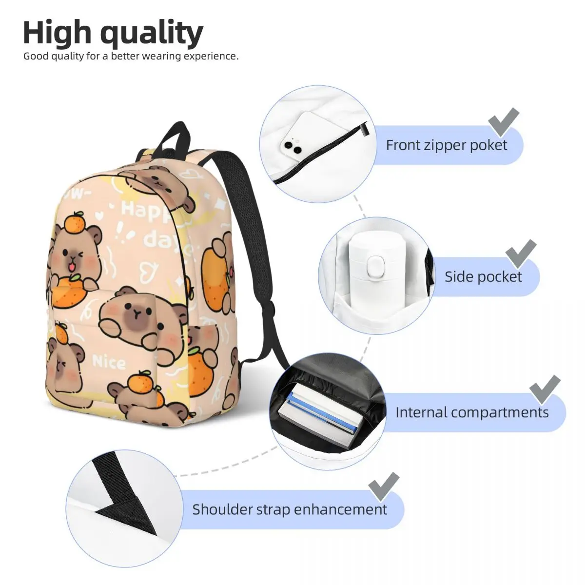 Kawaii Capybara Cartoon Niedlicher Rucksack für Jungen Mädchen Kinder Student Schule Büchertasche Canvas Daypack Vorschule Primärtasche Langlebig