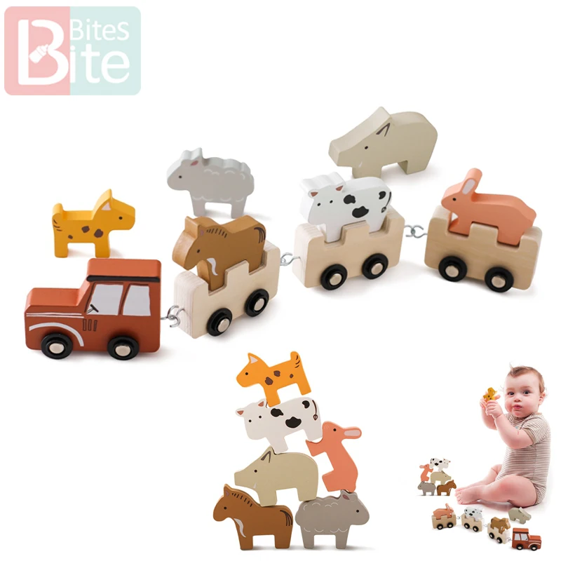 Baby Wooden Building Blocks Train Farm Animals Stacking Educational Toys Children Montessori Stacker Toys for Children Gifts