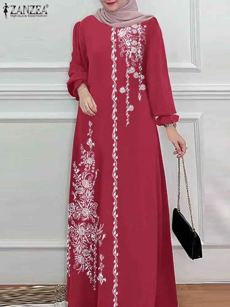 

ZANZEA Elegant Women Muslim Dress Ramadan Abaya Robe Femme Spring Long Sleeve Floral Printed Maxi Vestidos IsIamic Clothing 2024