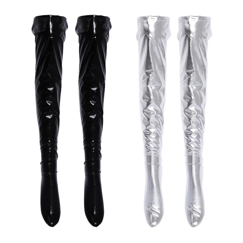 

2 Pairs Womens Halloween Costume Elastic Glitter Wet Thigh High Stockings PU Faux Leather Glossy Over Knee Long Socks