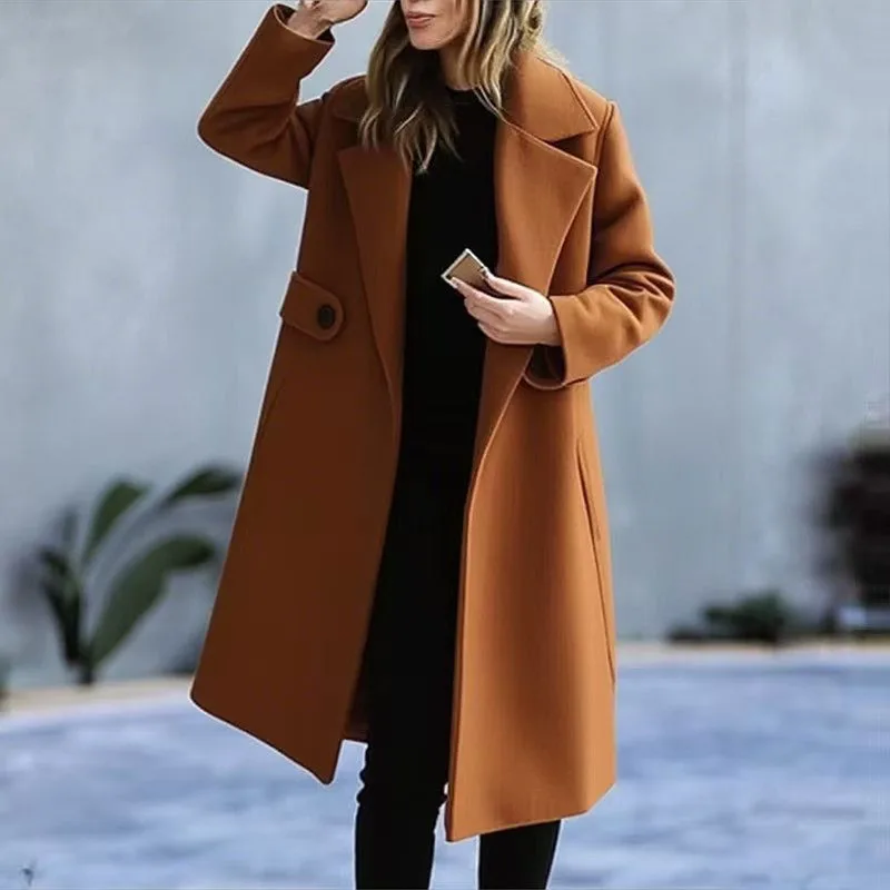 Casual Lapel Long Sleeve Woolen Coat Fashionable Solid Color Loose Women's Outwear 2025 Autumn Winter New Commute Long Jackets