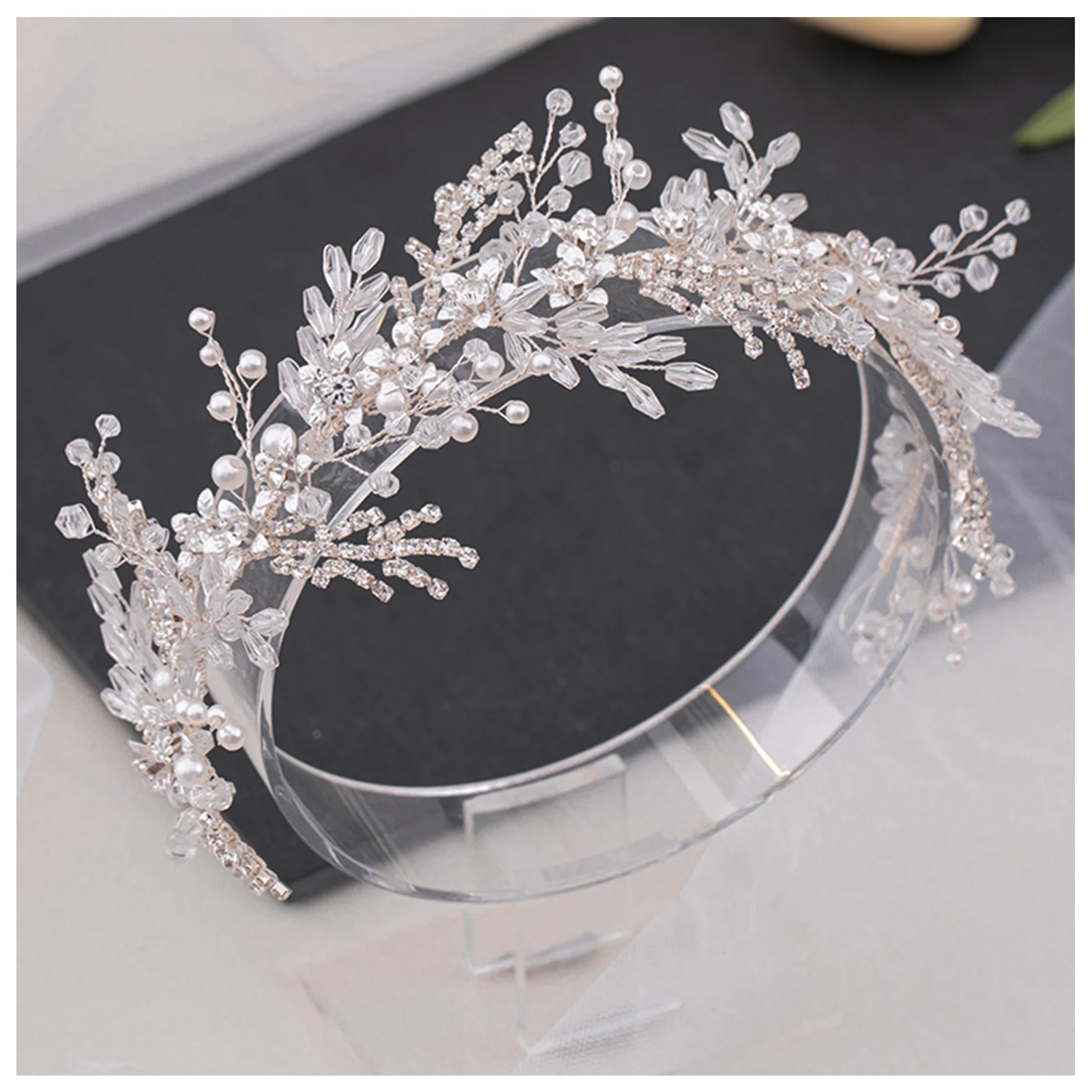 Bridal Pearls Hair Hoop Lace-up Headwear with Luxurious Rhinestones for Birthday Stage Party Show Dress up