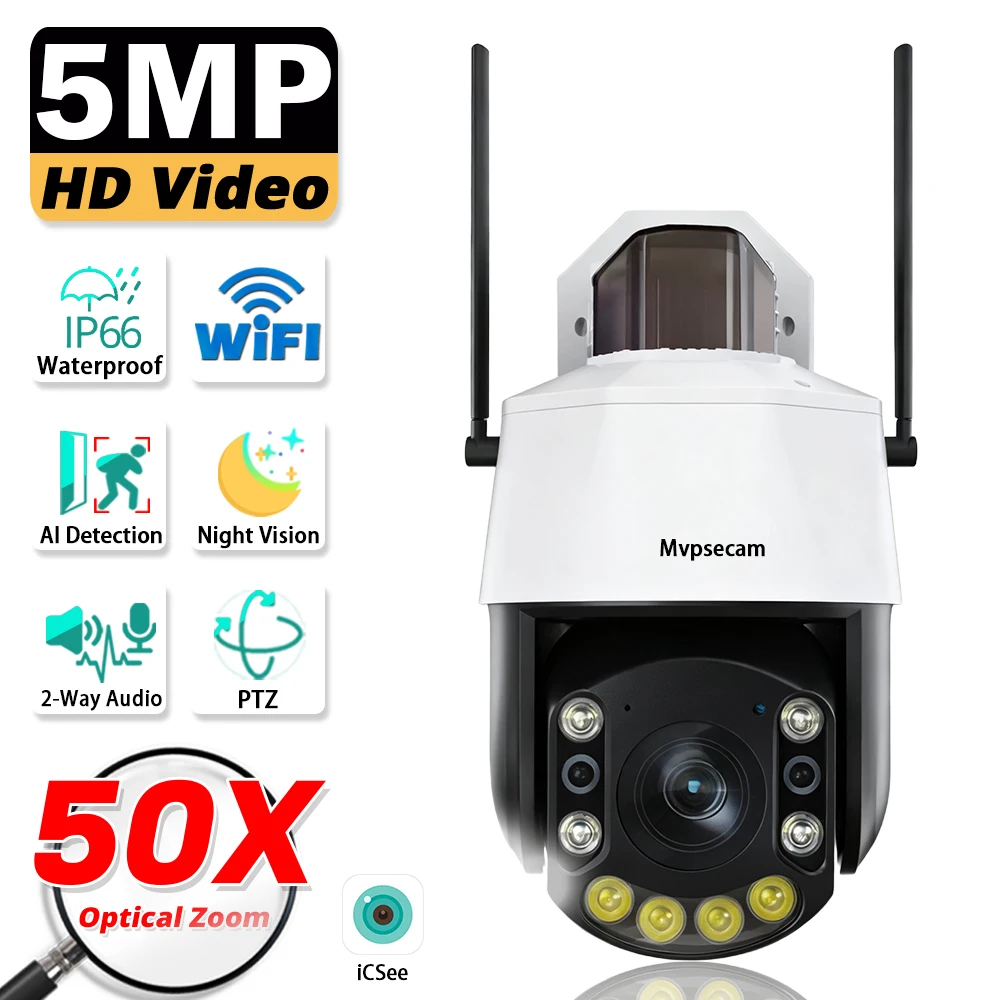 

Wi-Fi ICsee 50-кратный зум 5MP PTZ камера безопасности наружная цветная камера ночного видения беспроводная камера видеонаблюдения для обнаружения человека