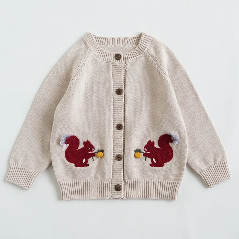 

Kids Girls Cardigan Spring Autumn Knit Coat Cartoon Squirrel Sweaters Infants Knitwear Outgoing Clothing Baby Cardigan Sweater