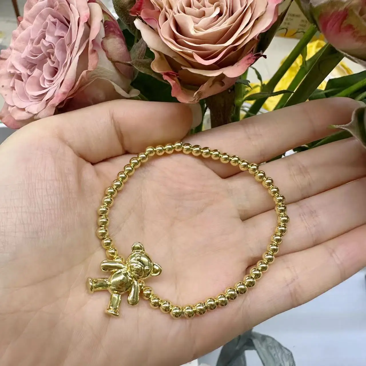 HECHENG, Cute Bear Beads Bracelet,Brass 18K Gold Plated Bracelet for Women,Love Bear lucky Jewelry