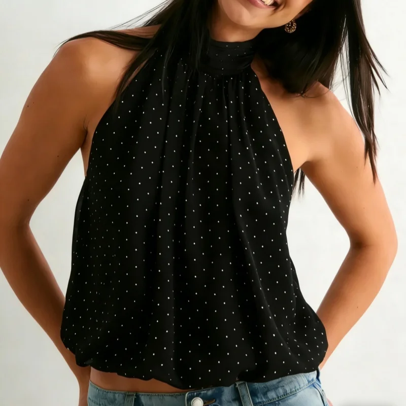 Top halter sexy para mujer con cuello simulado, espalda descubierta, sin mangas, fruncido, estilo burbuja, ideal para salir en verano
