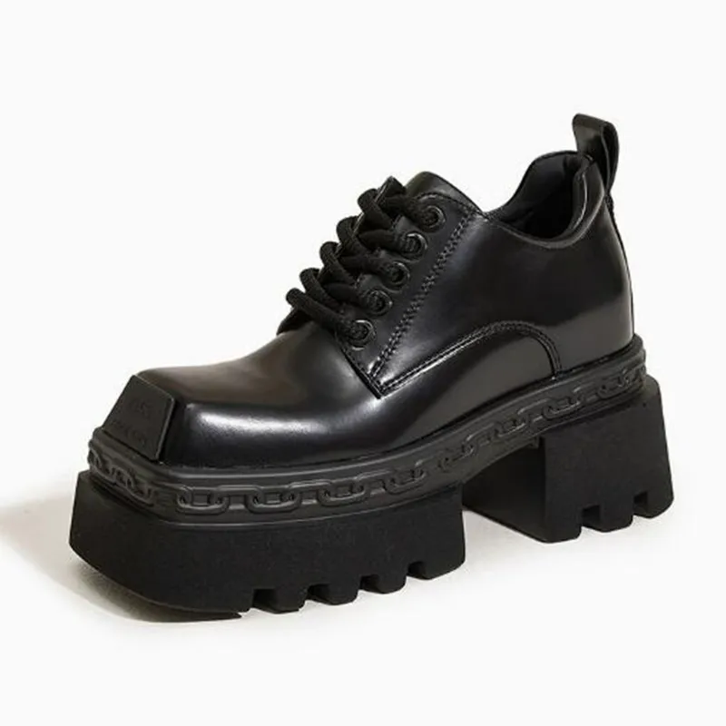 

High Quality 8.5CM High Platform Leather Ankle Boots Fashion Design Square Head Casual Shoes for Women Microfiber Women's Shoes