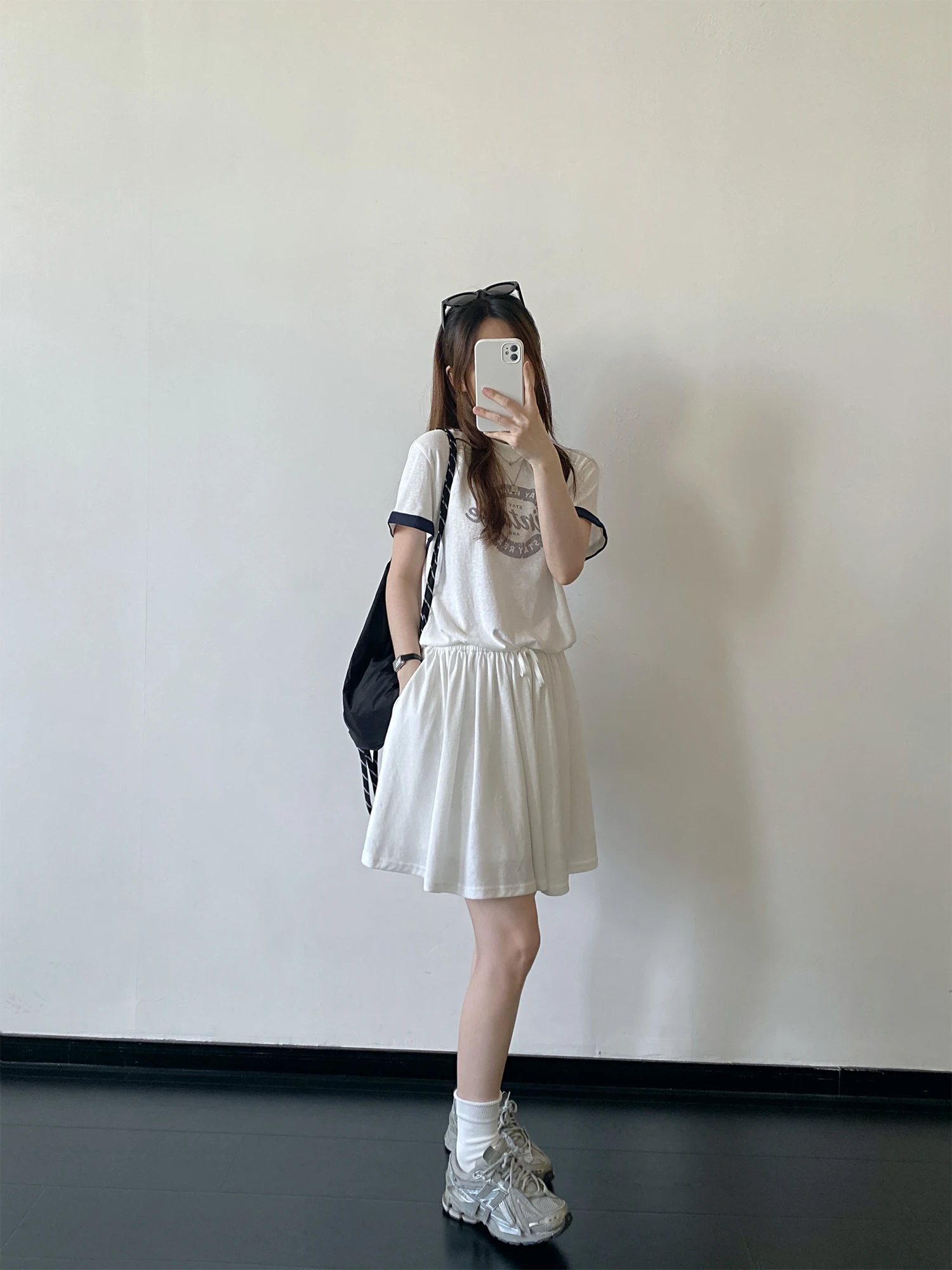 SunYeo American College Print Color Block Double Layer Neck Loose round Neck Short Sleeve T Shirt a Line Dress Casual Summer ...