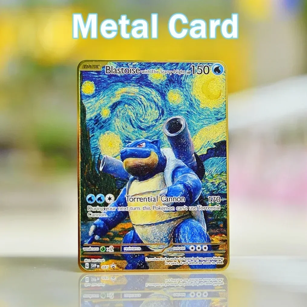 Tarjetas de Pokémon de Metal con letras de Pokémon, Blastoise Vmax Charizard Pikachu Gx Mewtwo, letras doradas brillantes de hierro, juego de cartas