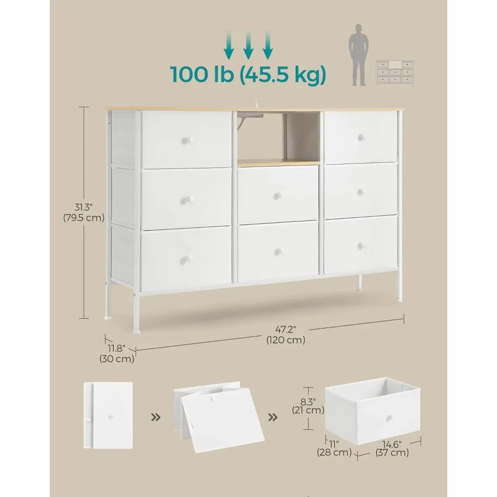 Dresser with Power Outlets and LED Lights, Fabric Chest of Drawers, 25 Colors, 8 Drawers, TV Stand for up to 60 Inch TVs, White