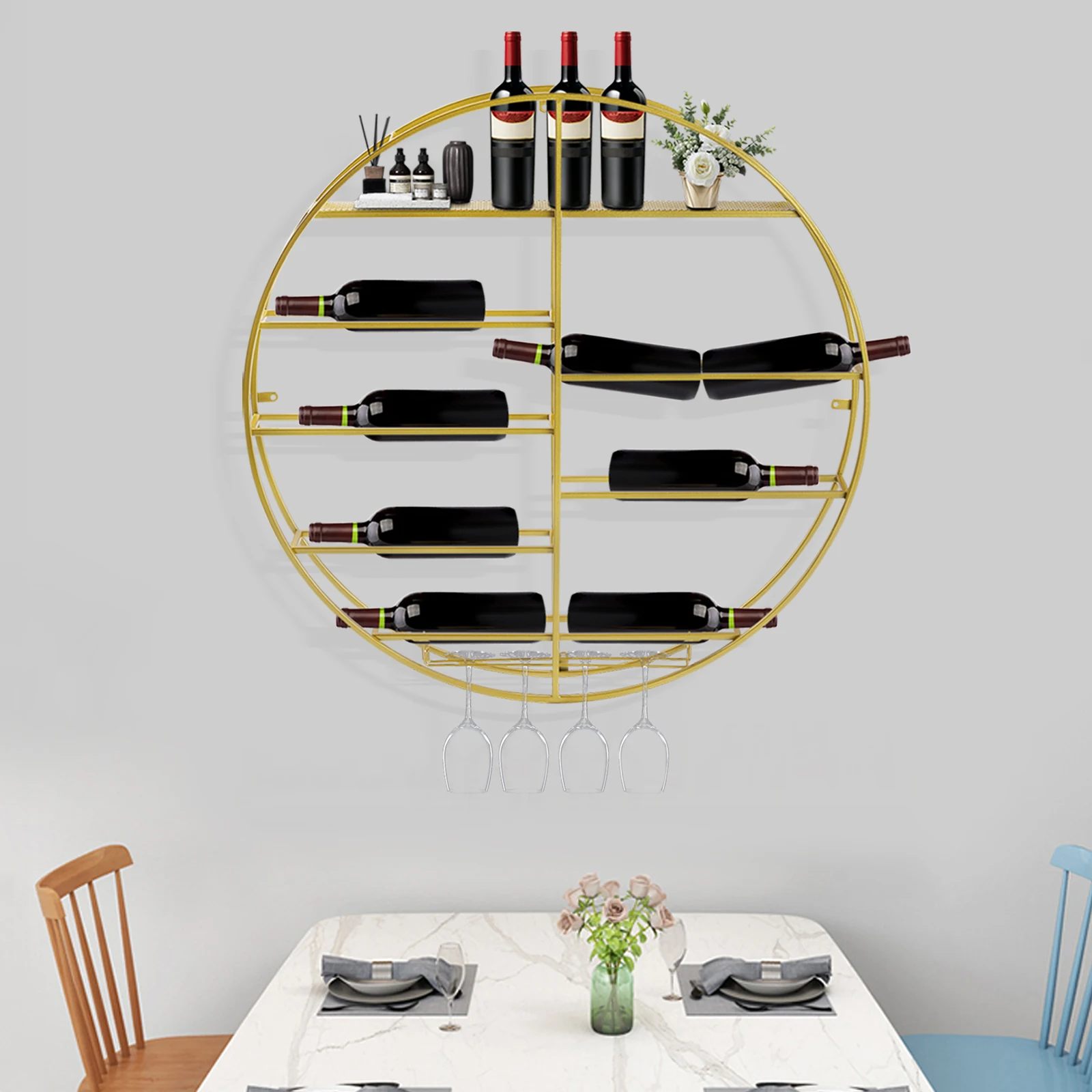 Gold 12 Bottles Wall Mounted Wine Bottle Rack, Bar Liquor Shelves Shelf with Glass Holder Hanging Display Rack for Bar Dining