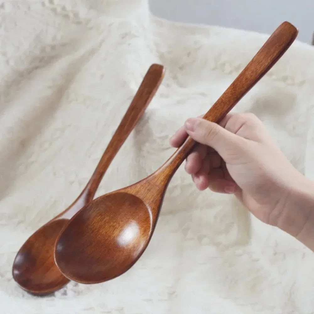 1pc Kitchen Wooden Spoons Natural Wood Soup Spoon Long Handle Honey Coffee Milk Teaspoon Spice Condiment Scoops Tableware Tools