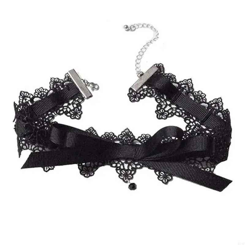 920L Black Lace Ribbon Collar Necklace Vintage Bow-Knot Choker Necklace Gothic Jewelry Women Clavicle Chain Necklace