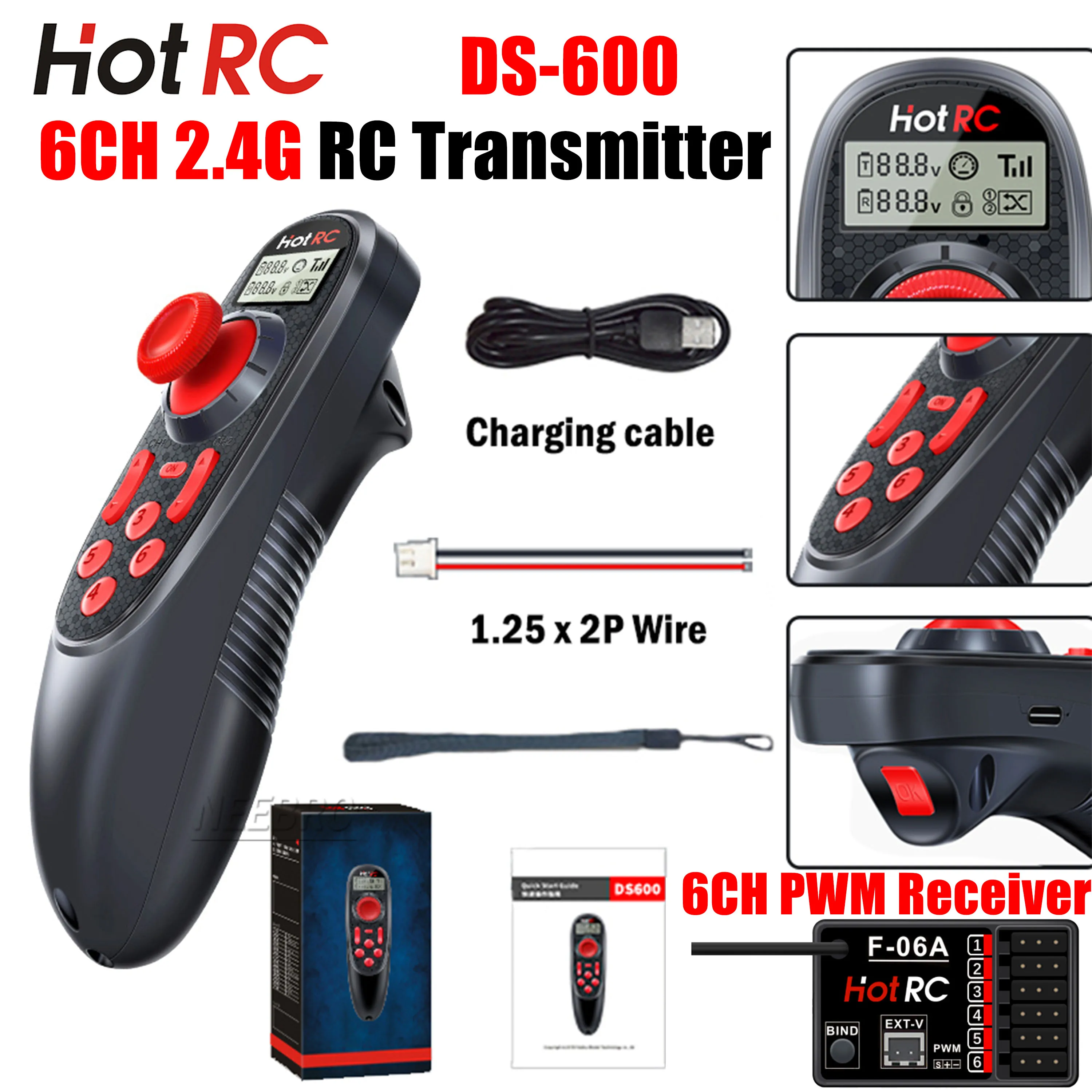 

HOTRC DS-600 6CH 2.4G RC Boat Transmitter F-06A Receiver LCD Remote Controller PWM Voltage/Signal Return 4-9V Model Car Ship Toy