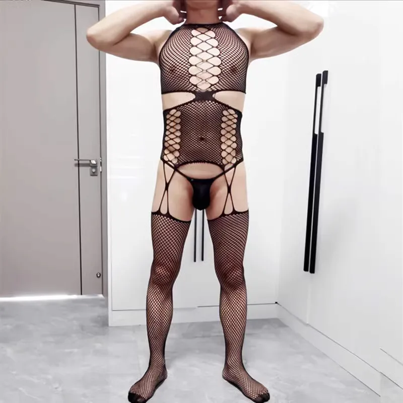 Male Erotic Fetish Costume Strap Lingerie Body Stockings Sexy Mens Thigh Suspender Bandage Bodysuits Sissy Bodystockings