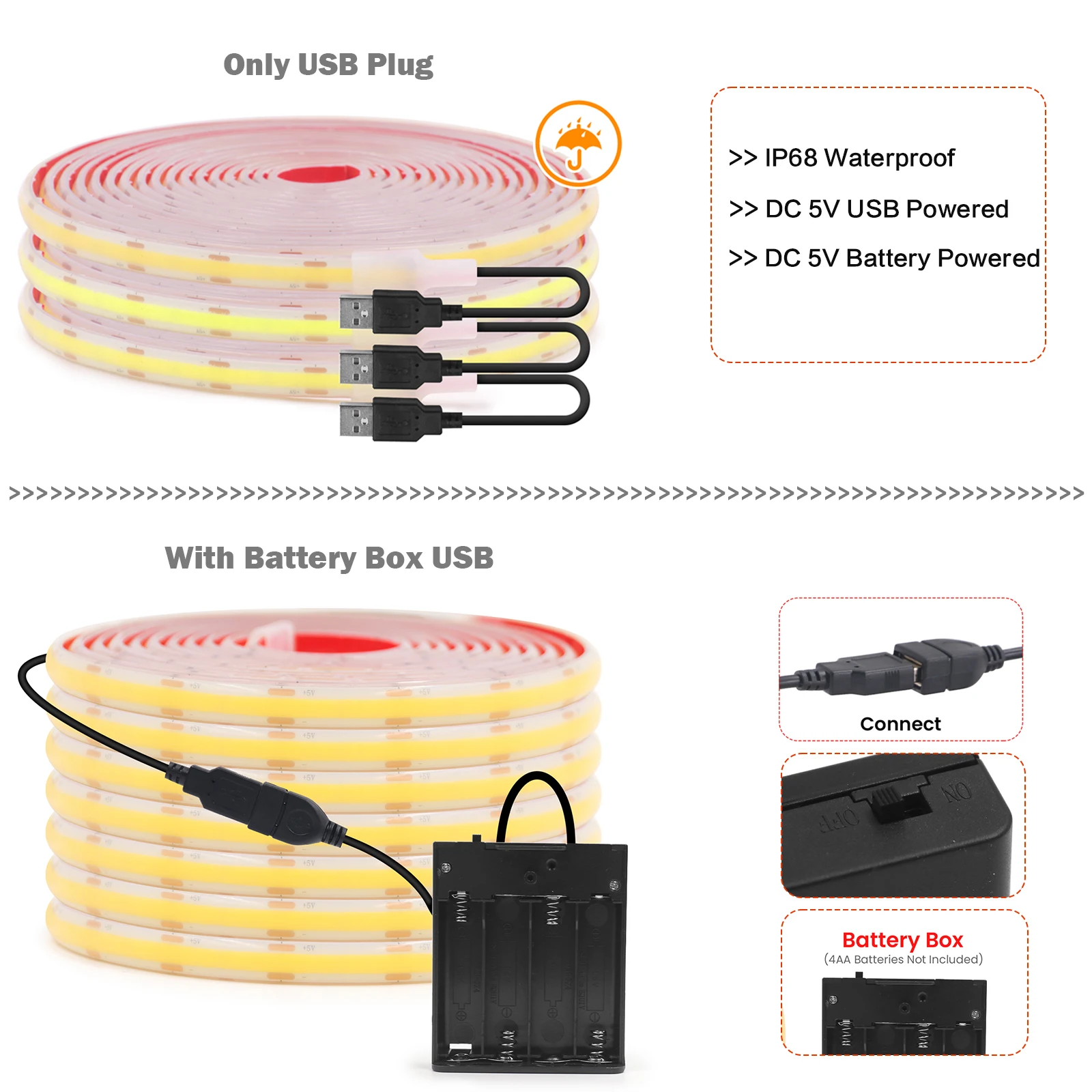 Battery Powered USB COB LED Strip DC5V 320LEDs/M IP68 Waterproof 3000K 4000K 6000K Flexible Adhesive Ribbon Outdoor Lighting
