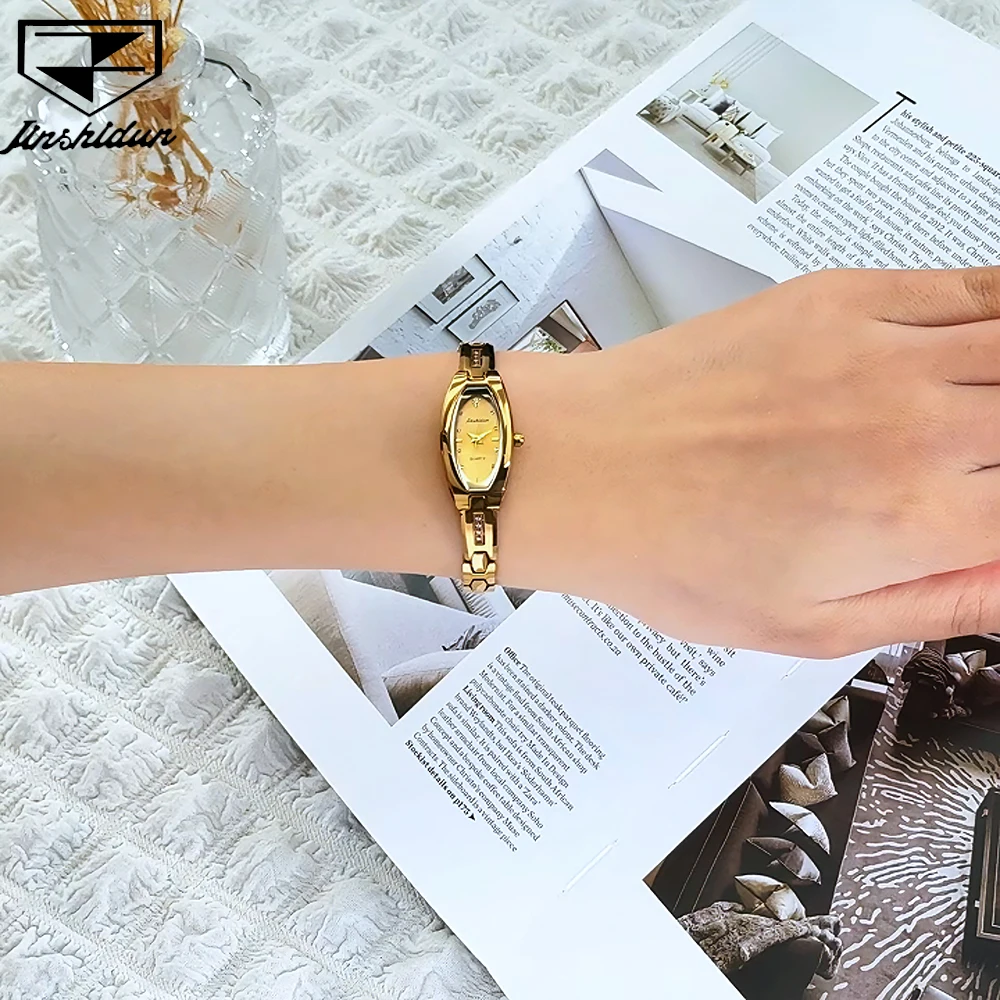 JSDUN Women's Watches Luxury Elegant Tungsten Steel Strap Small Gold Dial Original Quartz Wristwatch Bracelet Necklace Set Box