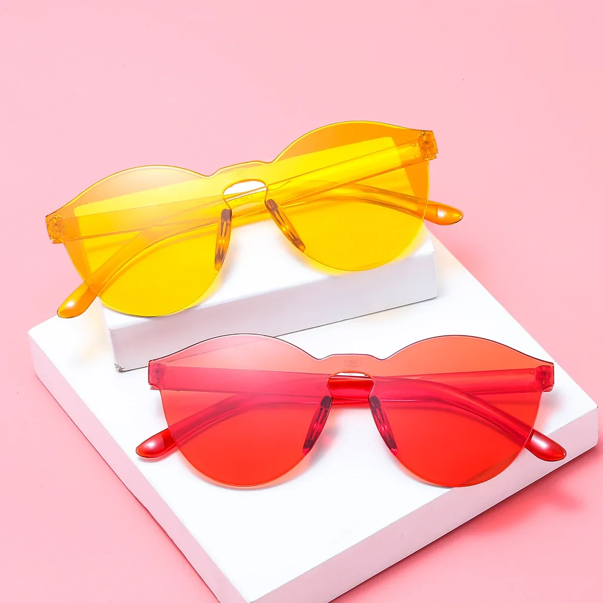 2024 New Fashion Rimless Transparent Sunglasses UV400 Oval Frameless Sun Glasses Vintage Red Pink Blue Yellow Orange Eyewear