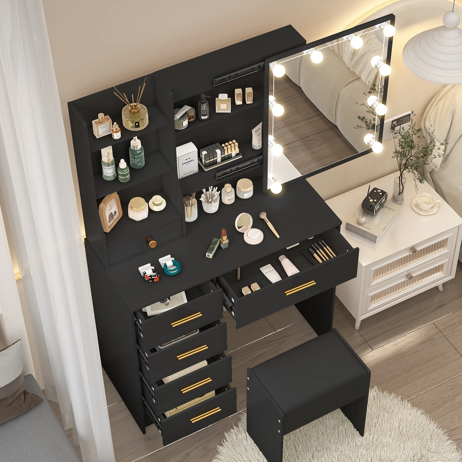 طقم طاولة تزيين مع كرسي مبطن بمرآة مكون من 6 أدراج للمكياج وغرفة النوم #3