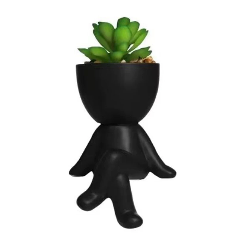 4PCS Black Mini Potted Ceramic Succulent Decor Creative Human Shaped Black Pots Small Pots Handicraft Ornaments