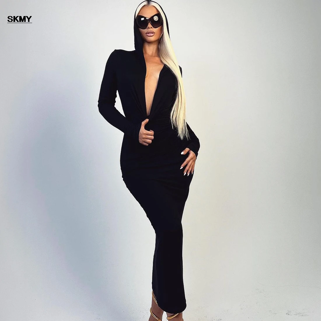 

SKMY Women's 2024 Summer New Sexy Deep V-neck Bag Hip Long Sleeve Hooded Long Dress Black Grey