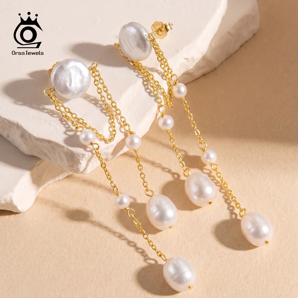 ORSA JEWELS Tassel Multi Layer Chain Natural Pearl 925 Sterling Silver Dangle Earrings Elegant Jewelry For Wedding GPE150