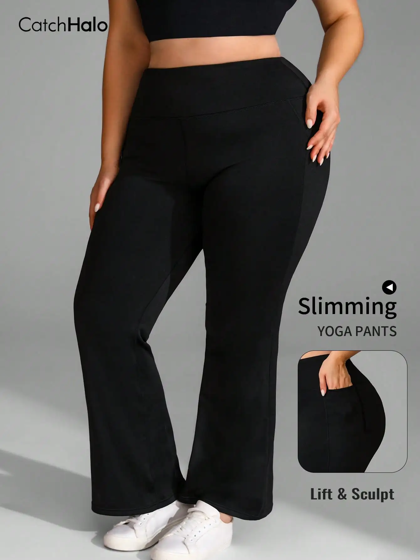 Plus Size Thermal Flare Leggings Women Fleece Lined High Waist Yoga Pants With Pockets Tummy Control Gym Tights