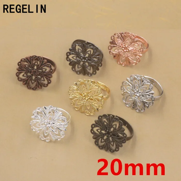 REGELIN Adjustable Antique Bronze Hollow Flower Motif Rings Round 20mm Vintage 10pcs/lot DIY Party Jewelry for Women anillos