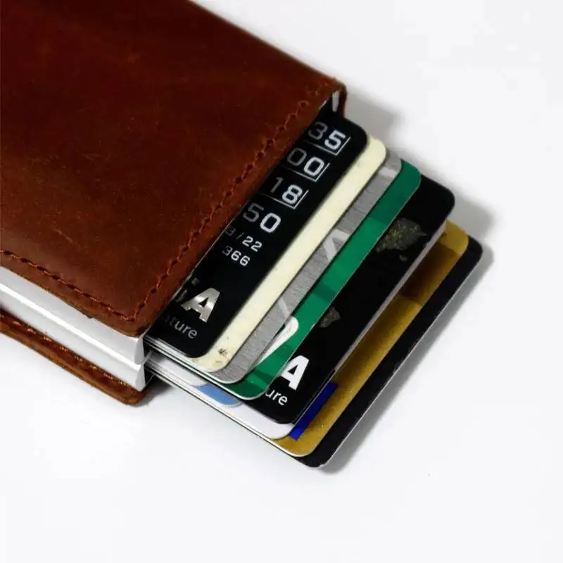 VM MODE BAISER RFID Fou Cheval En Cuir Mini Portefeuille de Sécurité Informations Double Boîte En Aluminium Carte de Crédit Titulaire Métal Bourse