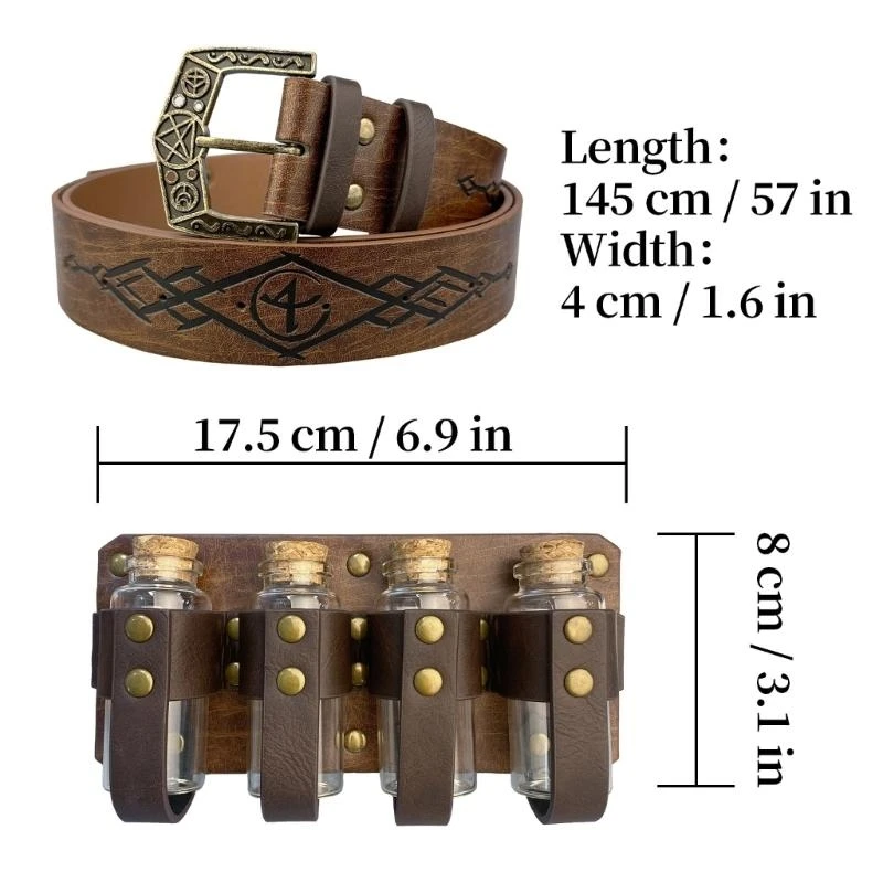  Vintage Alchemist Potion Holder Belt for Adult Unisex Adjustable PU Leather Embossed Pattern Waiststrap for Cosplay