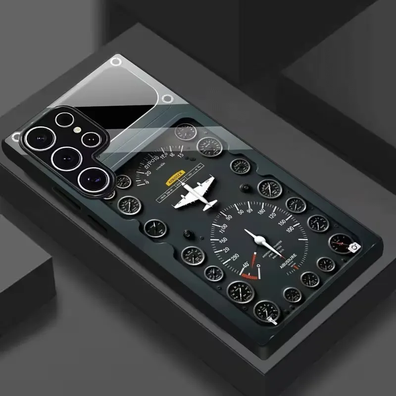 Aircraft Control Panel Pattern Black Tempered Glass Phone Case For Samsung Galaxy S25 Ultra S24 FE S23 Plus Ultra FE Cover Cases