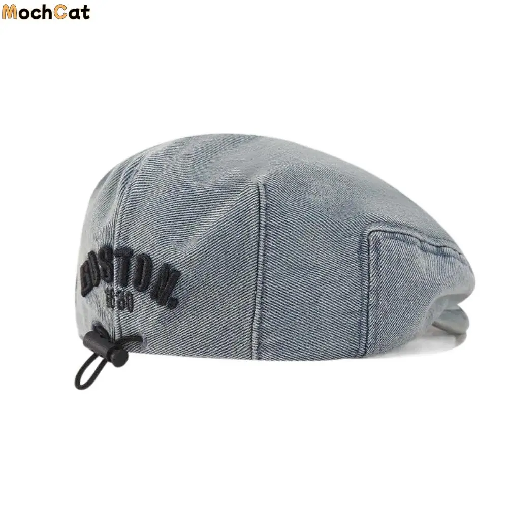 

Adjustable Solid Color Kids Denim Beret Embroidered Letter Drawstring Peaked Cap Forward Hat Harajuku Newsboy Cap Outdoor