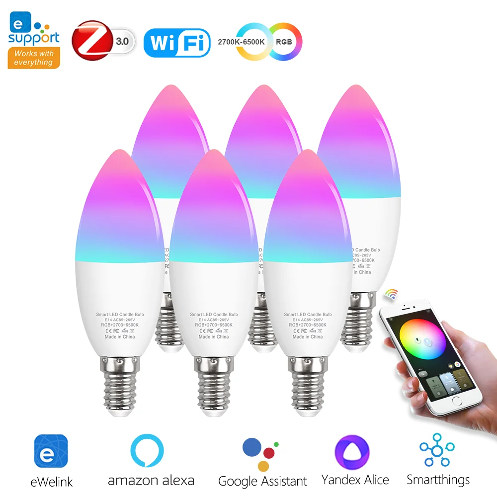 EWelink Zigbee-Ampoule LED intelligente Wi-Fi, lampe à intensité variable, bougie E14, RVB C + W, nous-mêmes avec Alexa, Google Home, Yandex Alice