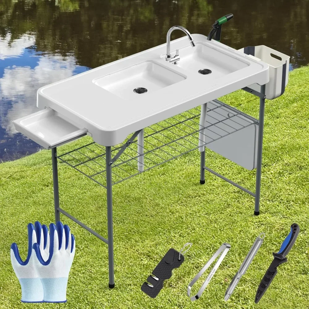 

Outdoor Folding Table, Fish Cleaning Table 42.6" Width Portable Table with Double Sinks& Measure Mark, Camping Table