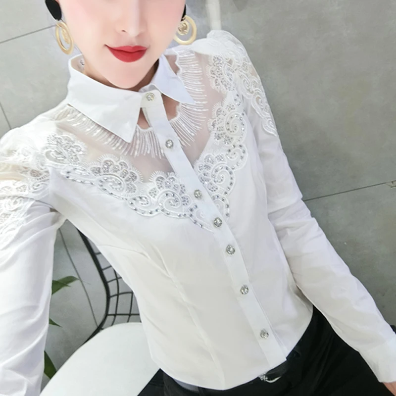 Elegant Women Long-sleeved Lace Blouse New fashion Stitching Cotton shirt Slim Single-breasted Hot drilling OL Tops