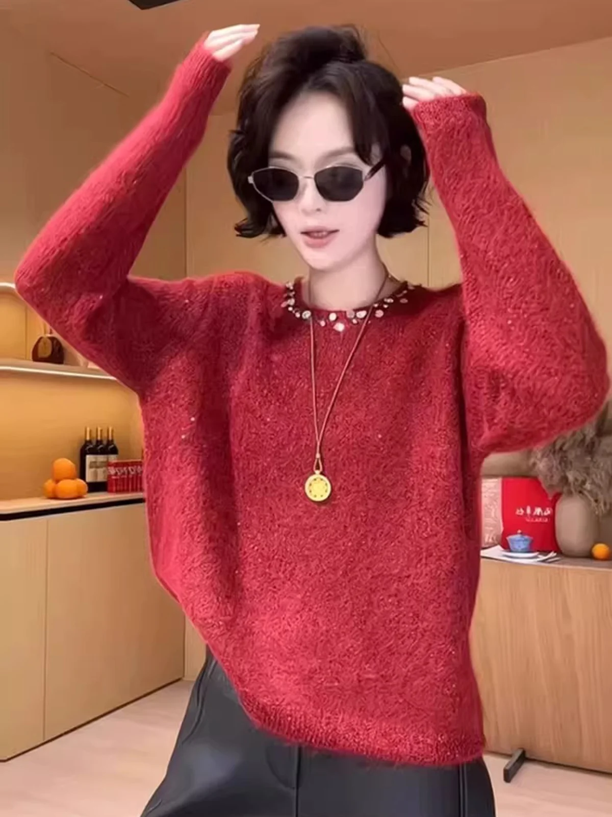 

Korean Sle Soft round Ne Sequin Knitwear Women's Loose Long Sve Spring Autumn New Sle High End Feeling Sweater