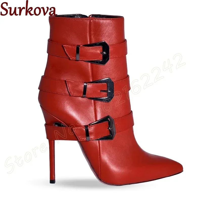 

Красные кожаные короткие сапоги на высоком каблуке с пряжкой на ремне и острым носком на шпильке с боковой молнией, элегантные весенние женские сапоги для банкетов