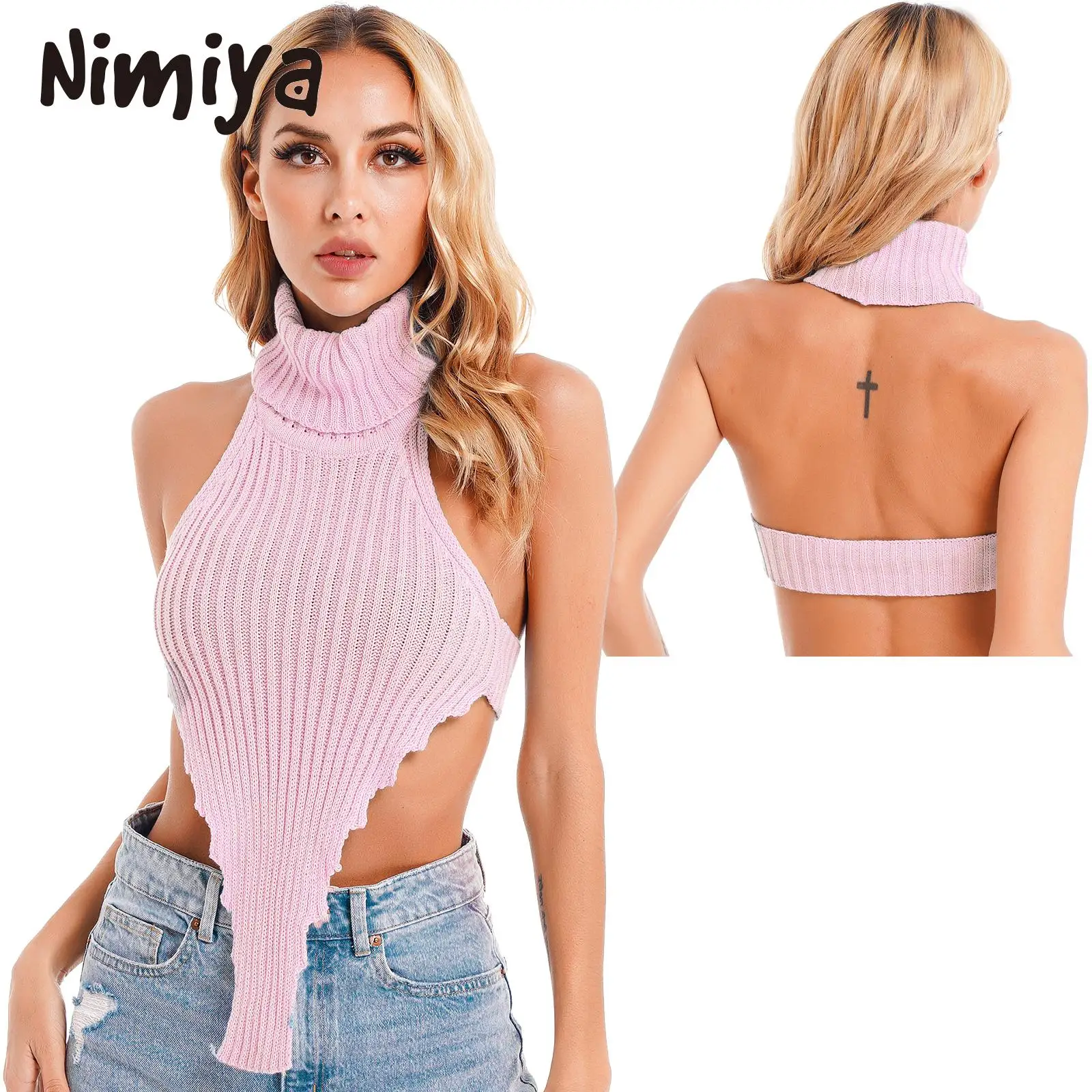 Nimiya Womens Turtleneck Halter Knitted Club Vests Ribbed Sweater Fashion Irregular Solid Color Sleeveless Bar Backless Knitwear