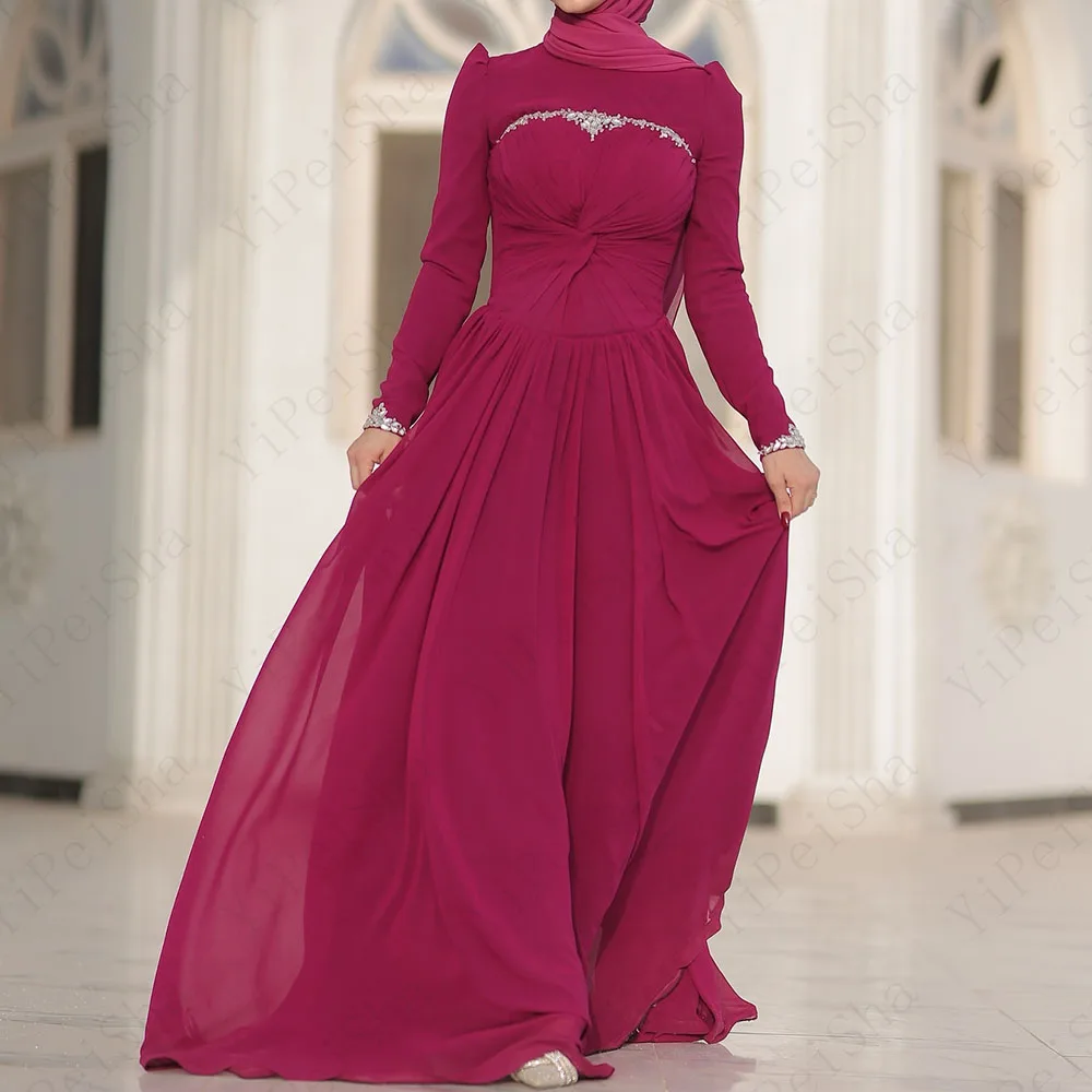 Abiti da ballo a-line personalizzati Abito da sera a maniche lunghe con collo alto al pavimento Abito da festa casual drappeggiato semplice in cristallo di moda