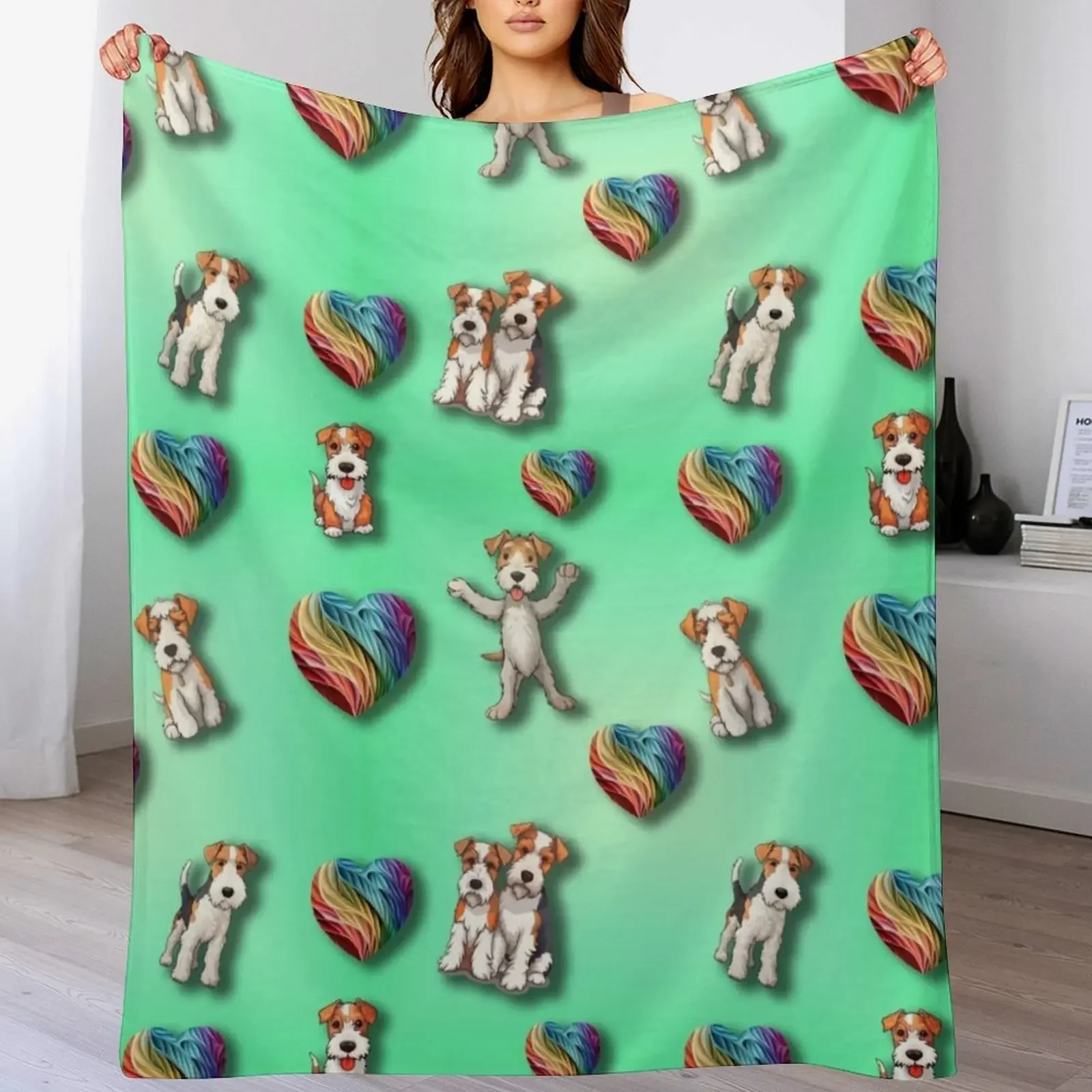 

Wire Haired Fox Terrier and Love Hearts Throw Blanket Multi Purpose Soft Warm Blanket for Home Travel