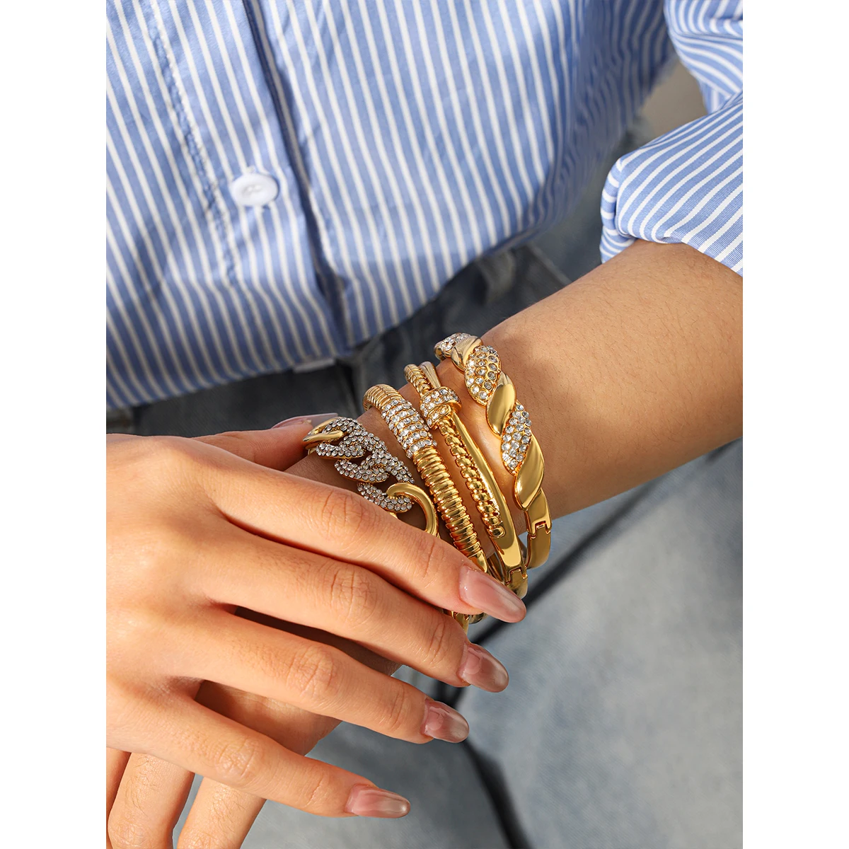 

Gold Plated Stainless Steel Bracelet Set Luxury Shiny Zircon Stackable Cuff Bangle For Women Bride Wedding Daily Wear Jewelry