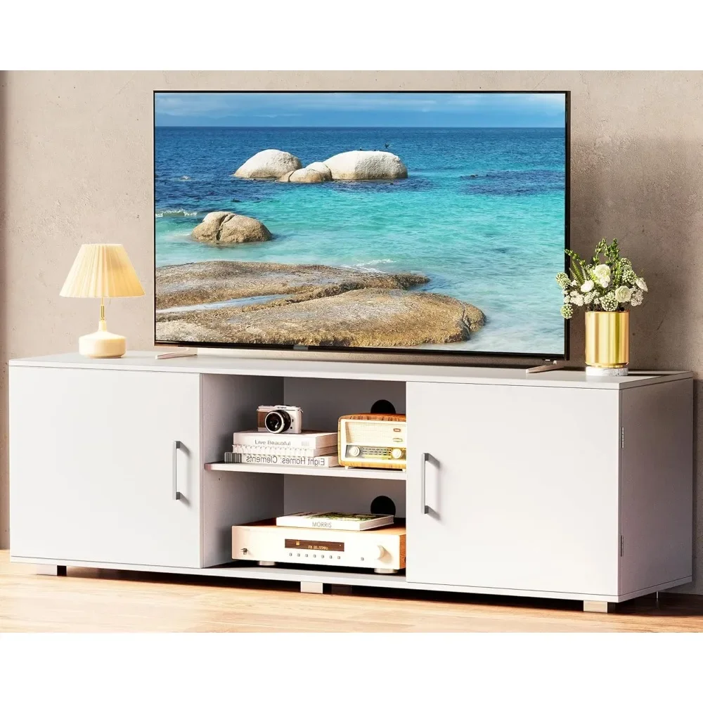 

Entertainment Center with Storage, 2 Cabinets, TV Console Media Cabinet with 6 Cable Holes, White TV Stand for Living Room