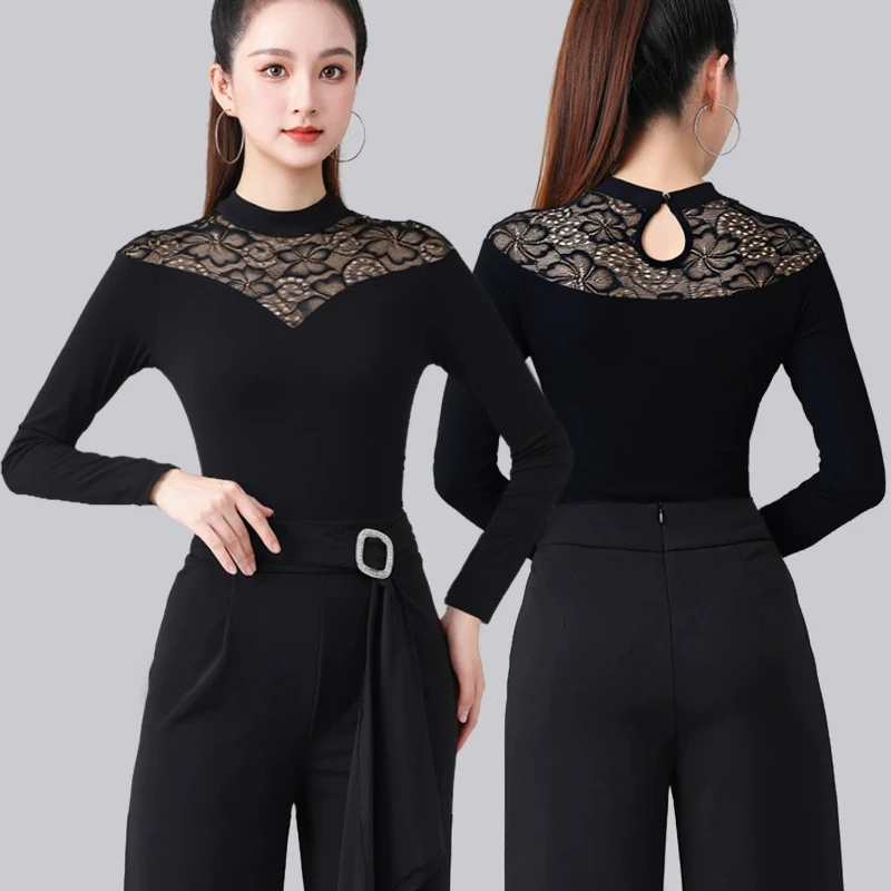 Floral Lace Spliced Dance Top, High Neck Long Sleeve Black Blouse, Keyhole Back, Breathable Soft Fabric for Latin Dance Class