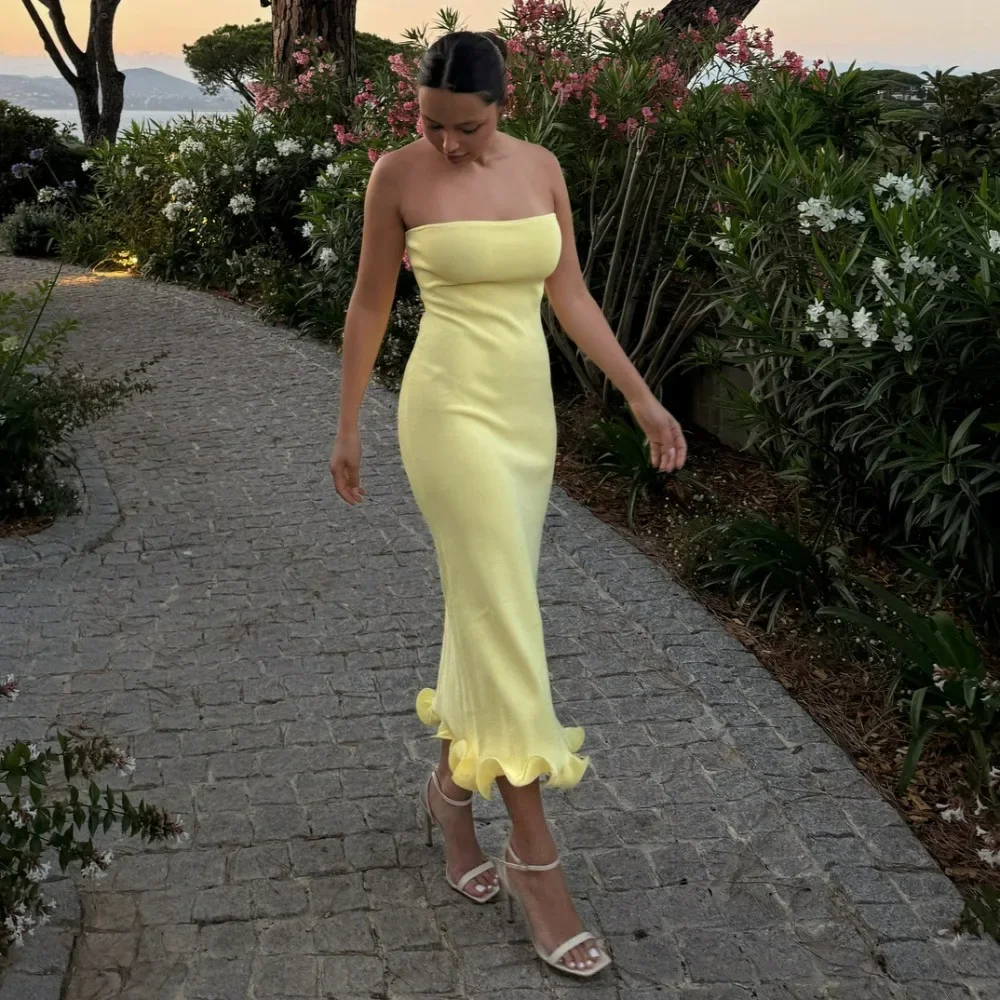 Yellow Knitted Strapless Dress Women Elegant Sleeveless Slim Maxi Beach Holiday Dresses Summer Sexy Backless Ruffle Party Dress