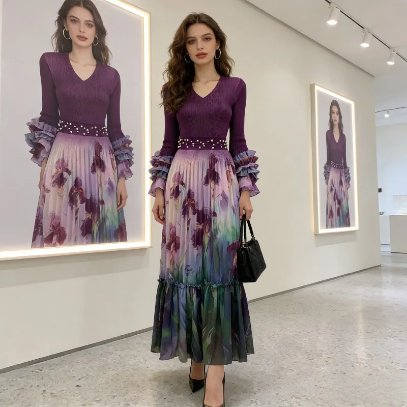 

Плиссированное платье Miyake: Новинка Весна-Лето 2026, Элегантное, Модное, Элитное, Французский Европейский Стиль, Повседневное, С Принтом