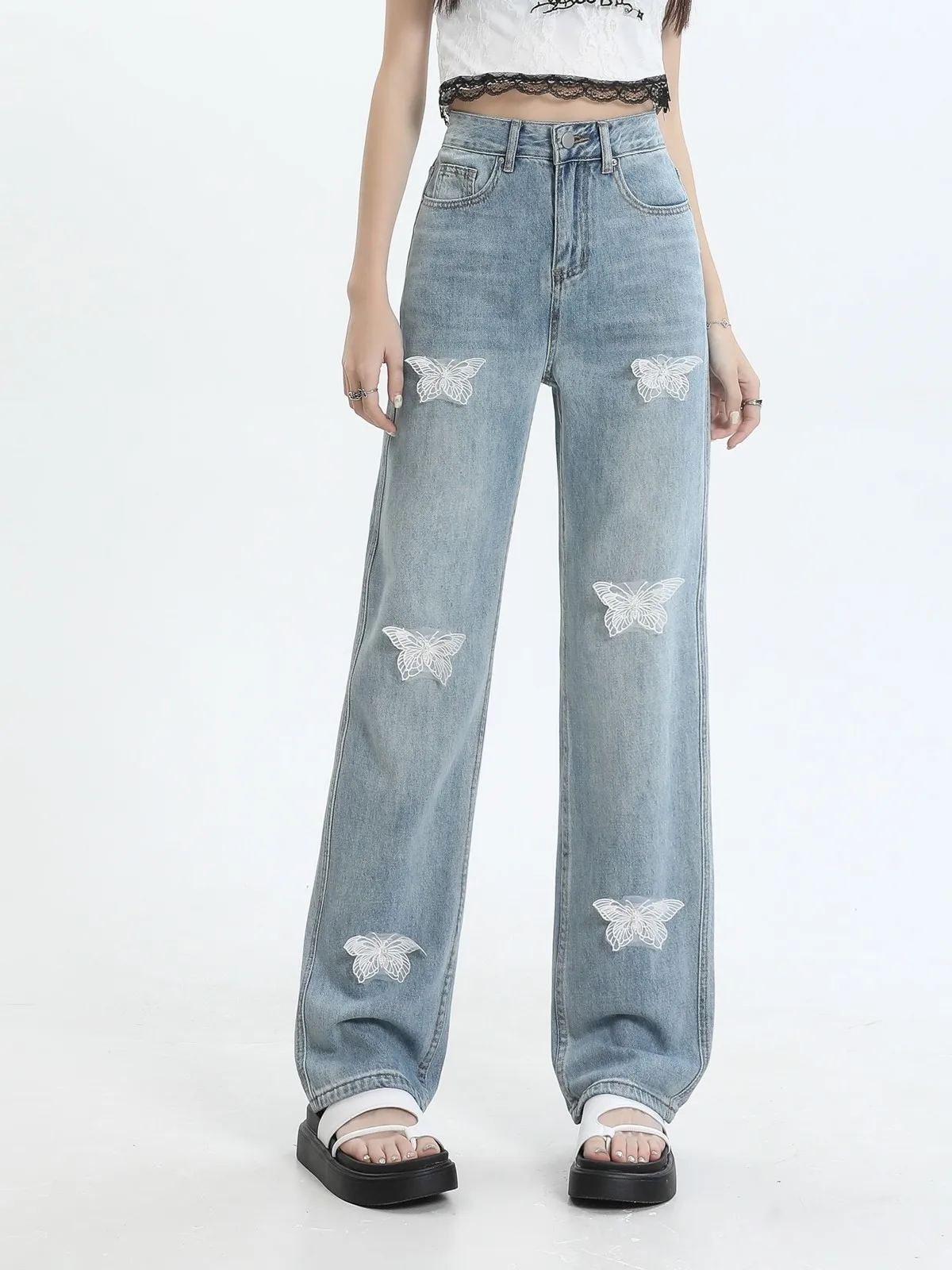 

ZHISILAO Butterfly Print Straight Jeans Women Vintage Blue High Waist Wide Leg Full Length Denim Pants Spring 2024