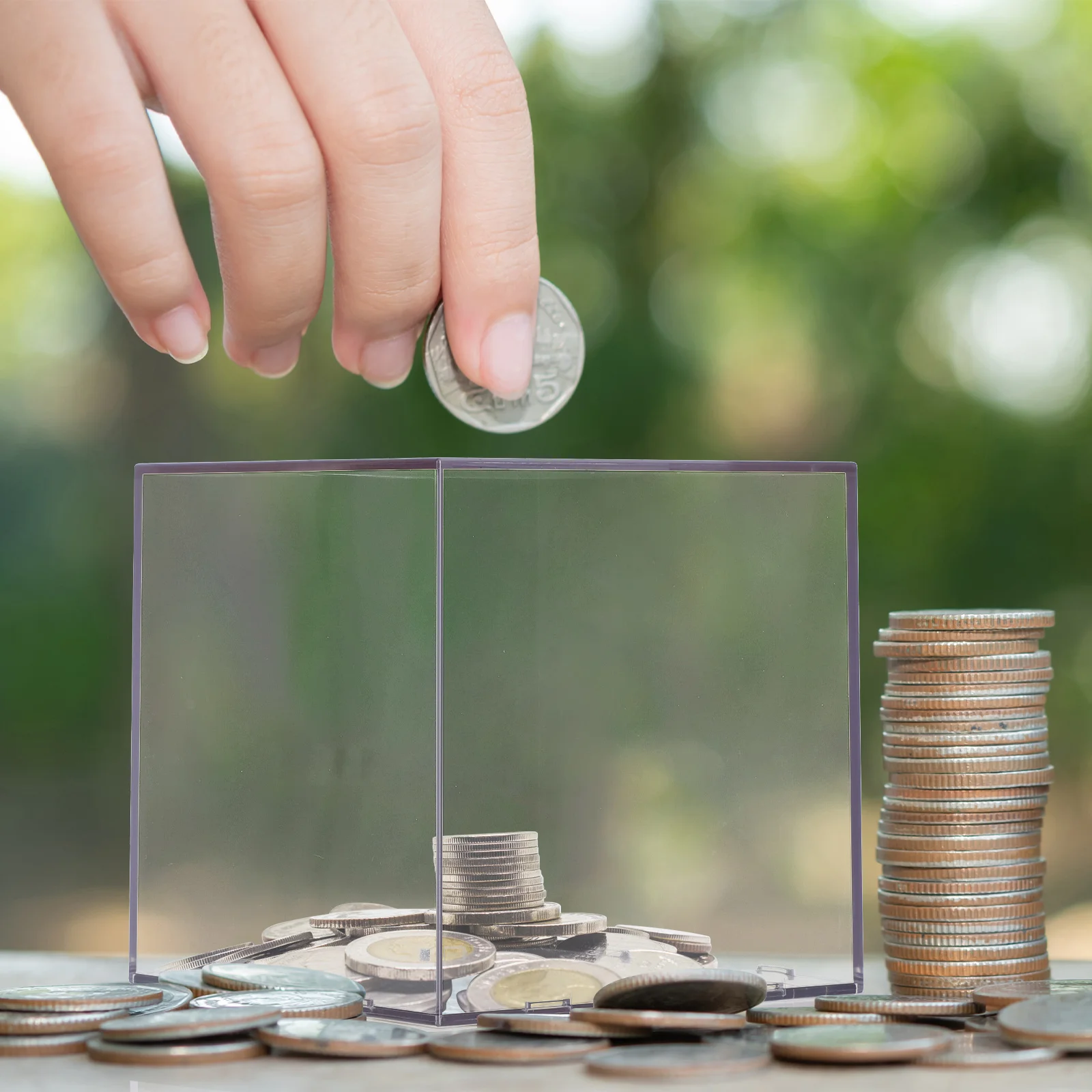 

Durable Transparent Acrylic Coin Container Creative Cube Shape Desktop Saving Bank Coin Box Educational Saving Pot